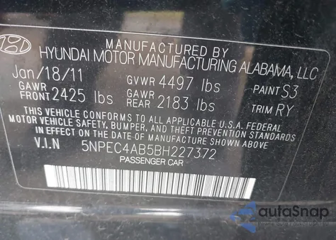 2011 Hyundai Sonata Se 2.0T из США, поврежденный, VIN 5NPEC4AB5BH227372